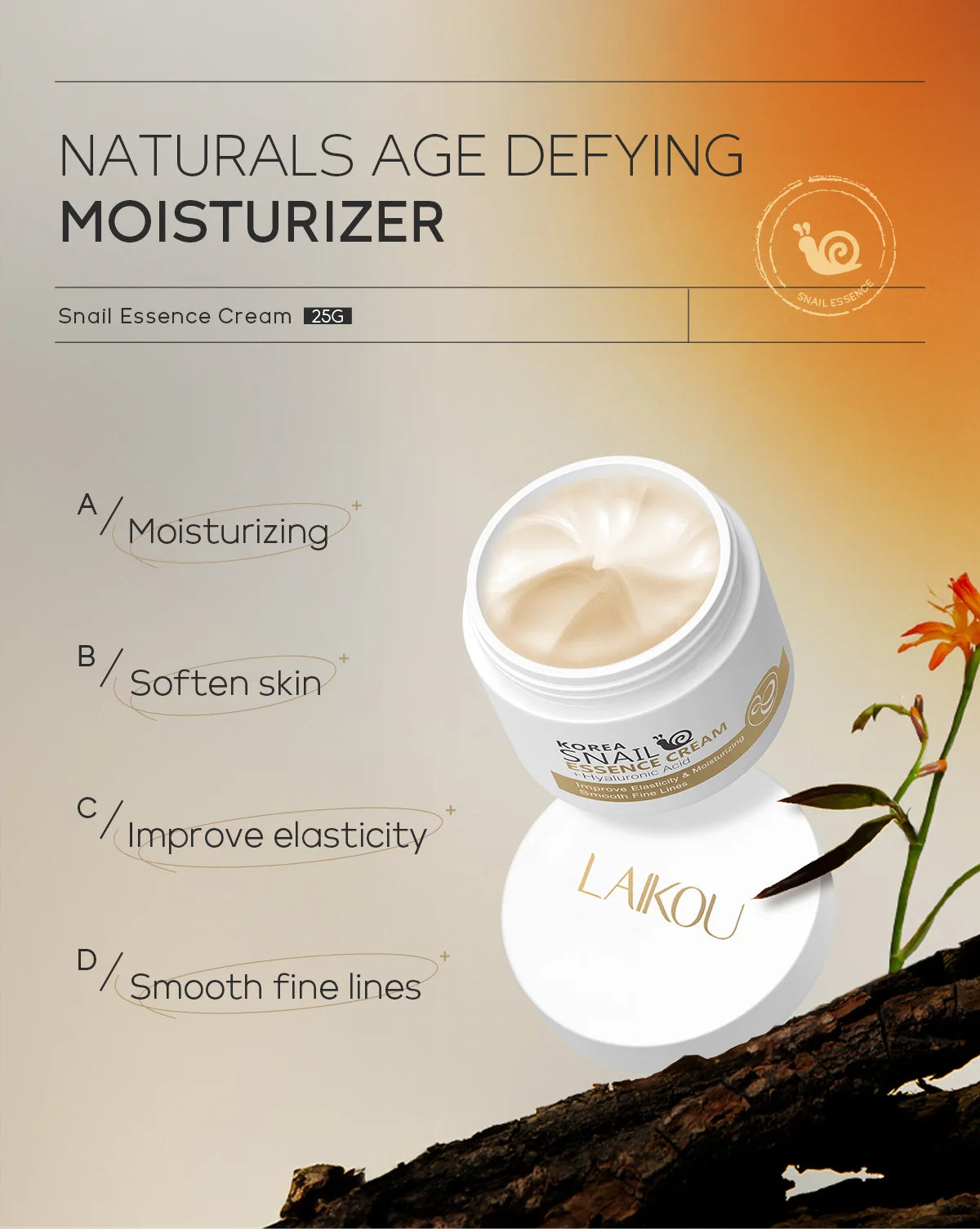 Crema facial de caracol LAIKOU, crema hidratante con ácido hialurónico, suero suavizante y nutritivo, crema de día para el cuidado facial.