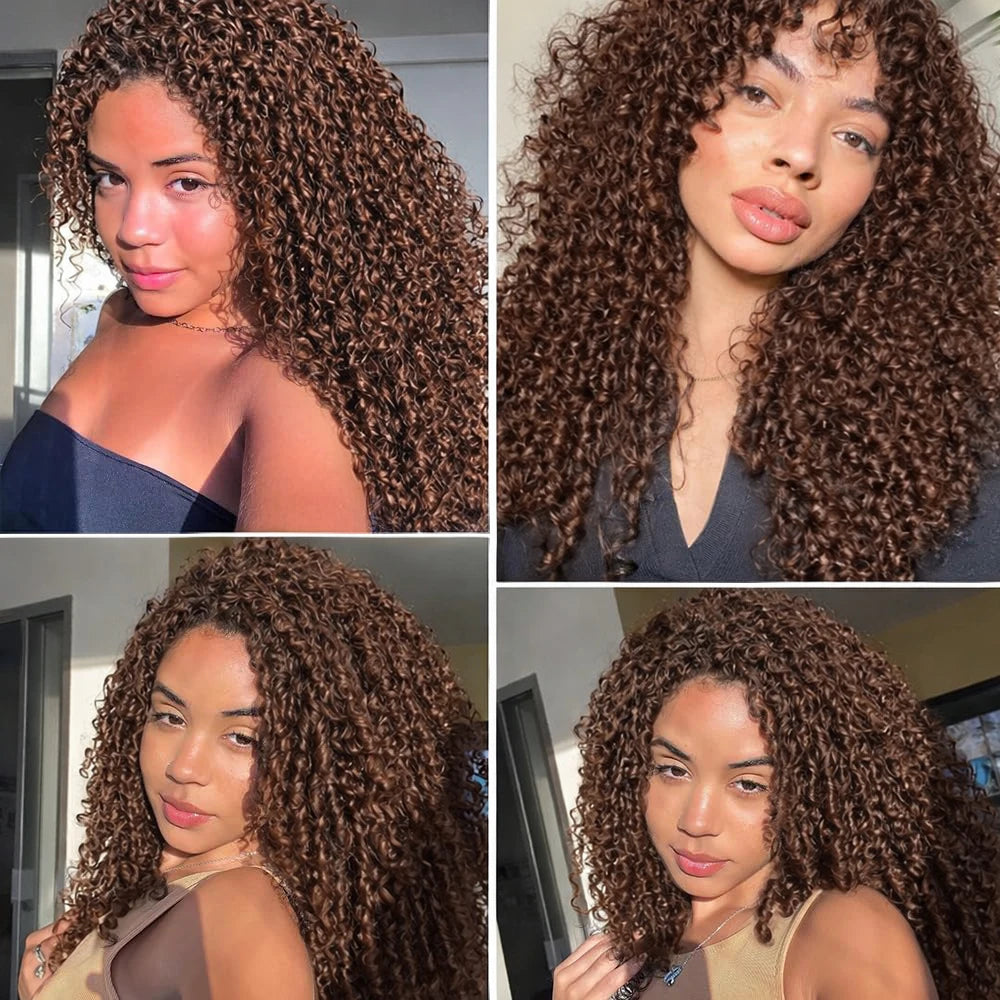 Burmese Curly Brown Crochet Human Hair Lightweight Knotless Feather Extensions Pre Separated Full Invisiable Knot With String
