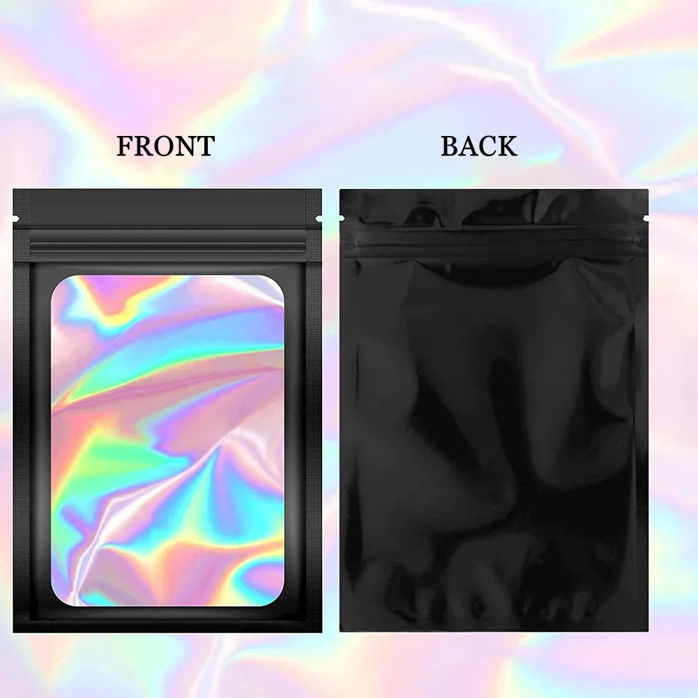 100Pcs Holographic Ziplock Bags Plastic Laser Iridescent Zip Bags for Manicure Eyelash Display Earrings Ring Jewelry Storage Bag
