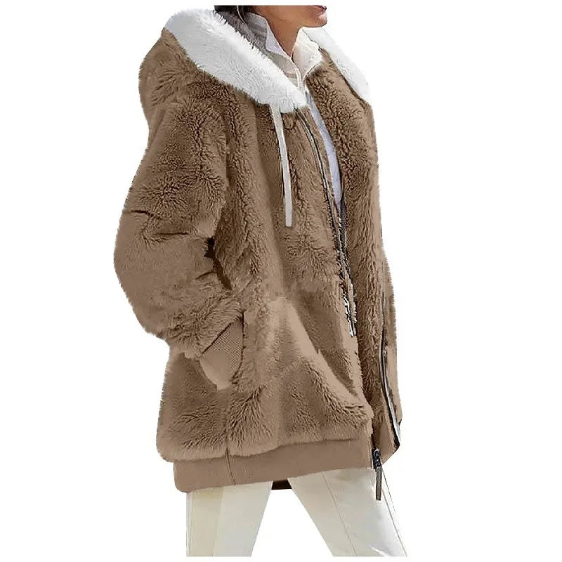 Women's Hooded Fleece Zip Jacket, Casual Winter Coat