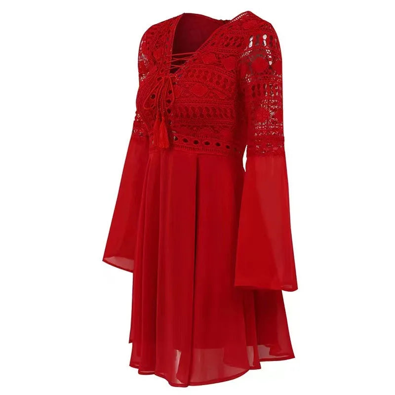 Women's A-Line Ruffle Chiffon Mini Dress — Long-Sleeve V-Neck Dress