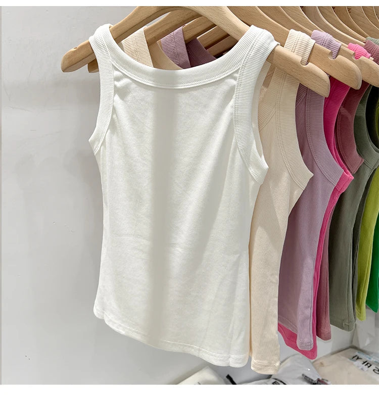 AOSSVIAO Women Solid Round Neck Ribbed Tank Top Camisole Women 2026 Summer Basic Elastic Tank Top O Neck Solid Tank Top