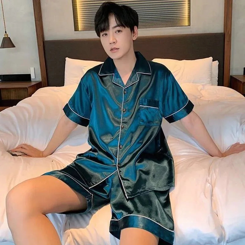 Women's & Men's Satin Pajama Set - Short Sleeve, Solid Colour
