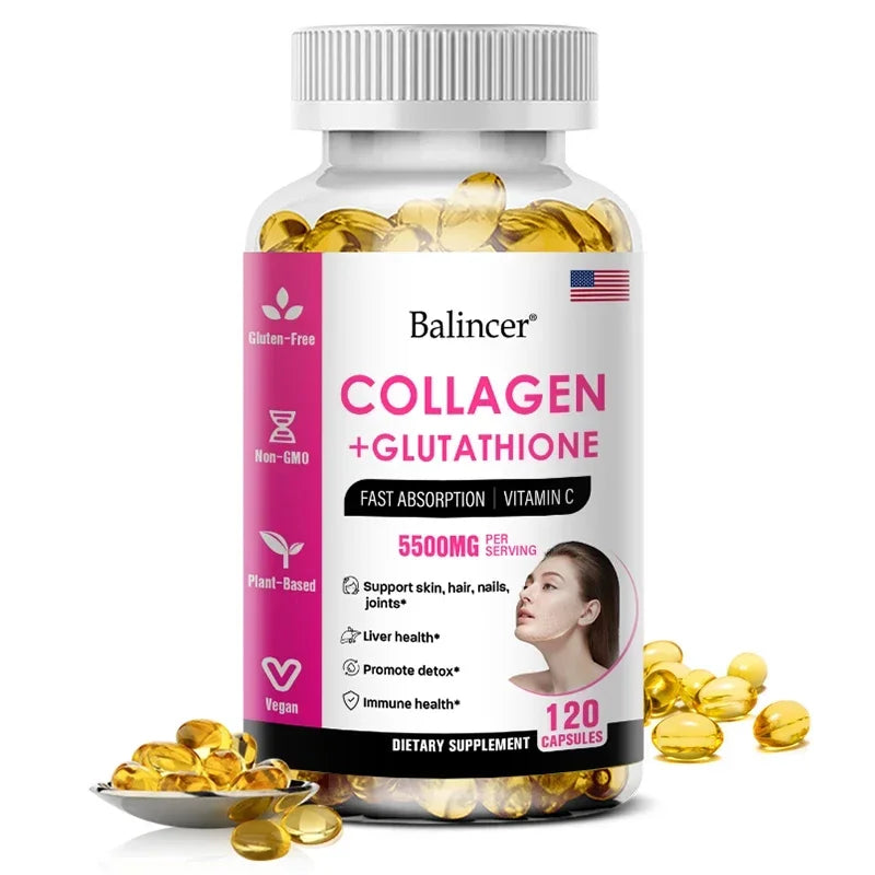 Bcuelov Glutathione & Collagen Supplement – Antioxidant Whitening Capsules for Skin Health, Hair, Nails & Anti-Aging | 30/60/120 Count