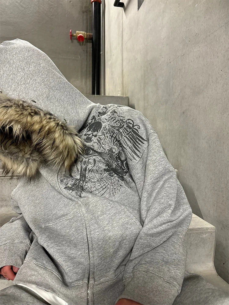 Women's Faux Fur Collar Zip-Up Hoodie, Gothic Streetwear