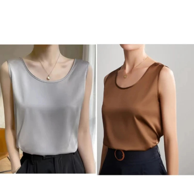 Summer Satin Mulberry Silk Tank Top Casual Versatile Champagne Tops Woman 2026 New Fashion Elegant Vest Loose Sleeveless T-shirt