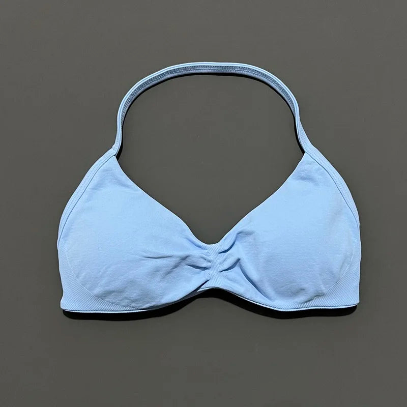 HISTELLO Df Solid Color Impact Strappy Bra Women Seamless Yoga Underwear Fitness Workout Halter Top Running Gym Sports Bra
