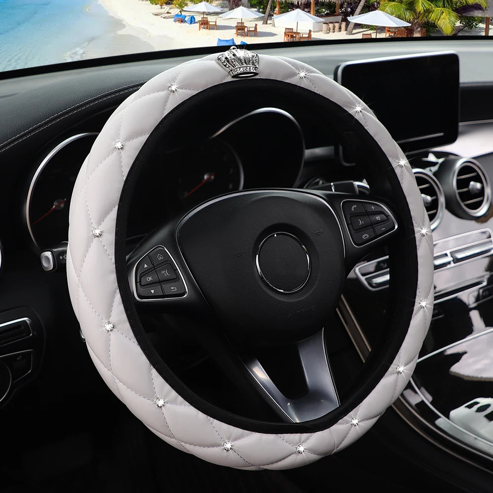 Soft leather diamond-studded crown Blingbling car without inner ring steering wheel cover suitable for 14.5 - 15 inch car access