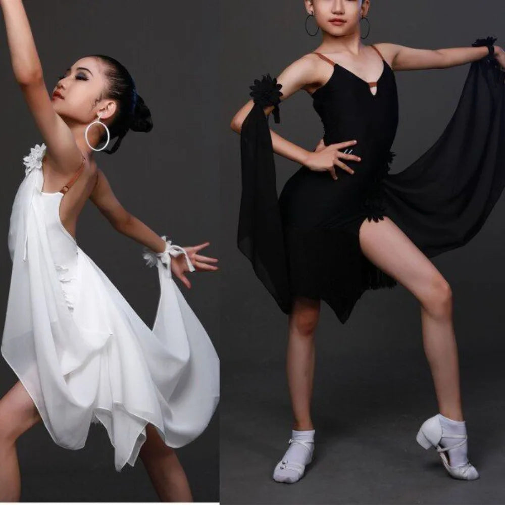 Girls Latin competition dress with fringe skirt