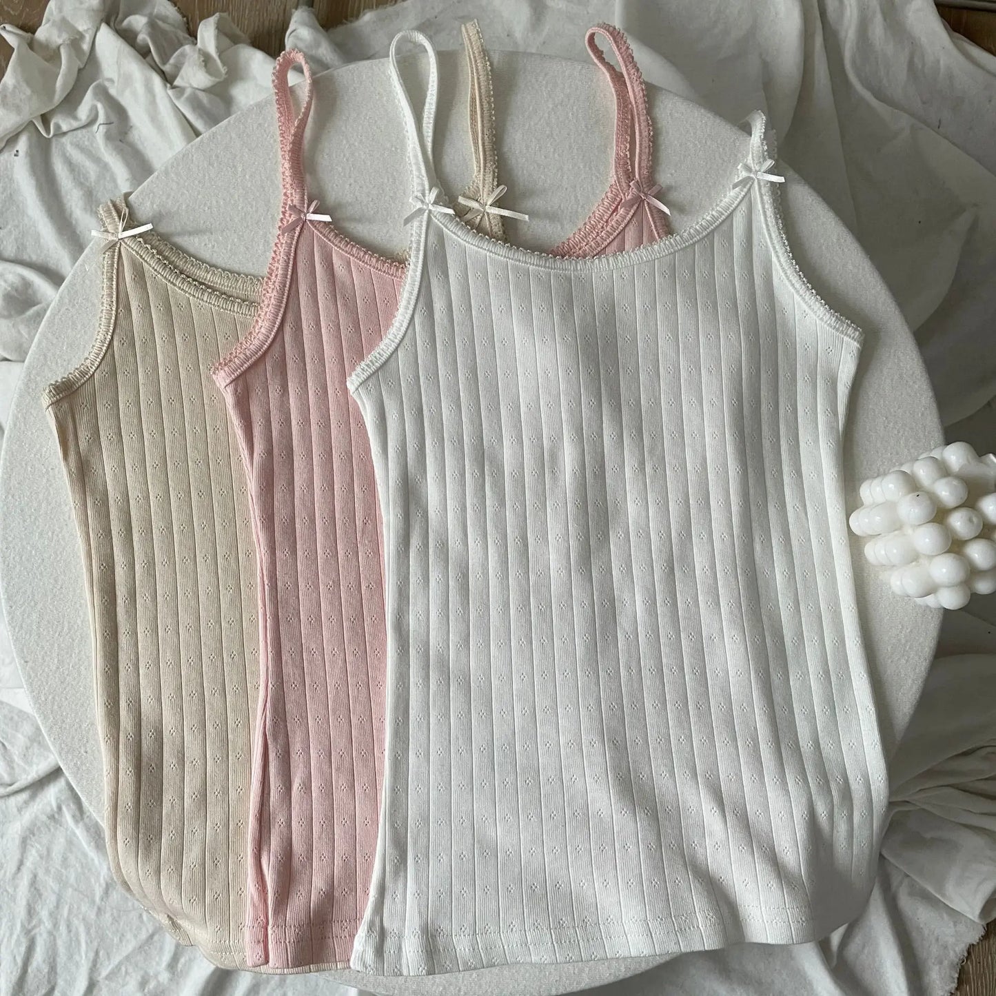 Bows Eyelet Sweet Slim Tank Top Women Lace Trim Cotton Sleeveless Summer Camis Vests Sweet Preppy Style Solid Crop Top Y2k