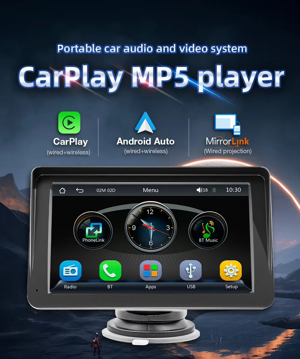 BQCC 7" Portable Car Stereo — Wireless CarPlay & Android Auto Touchscreen, Universal Fit