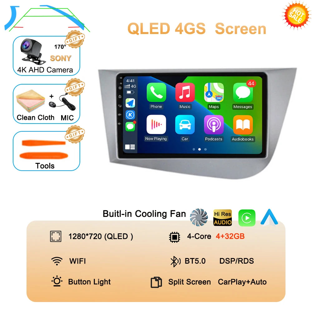 Car Radio Android 16 Navigation GPS Carplay For Seat Leon 2 MK2 2005-2012 Multimedia Video Player Stereo DSP 360 Camera Wifi 4G