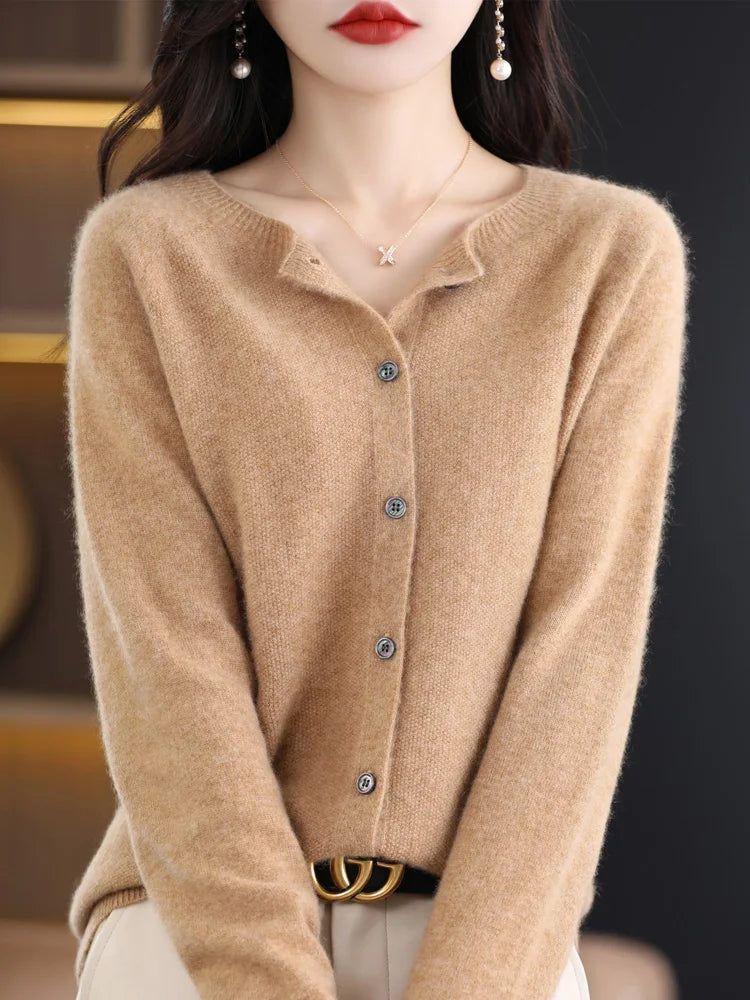 Women Cashmere Sweater 100% Merino Wool Knitted Cardigan Autumn Winter Knitwear O-Neck Female Solid Color Casual Fashion Top