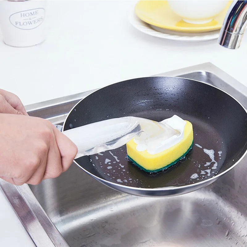 Sponge Pot Brush – Powerful Stain Removal, Automatic Liquid Dispensing, Handle, Oil-Resistant