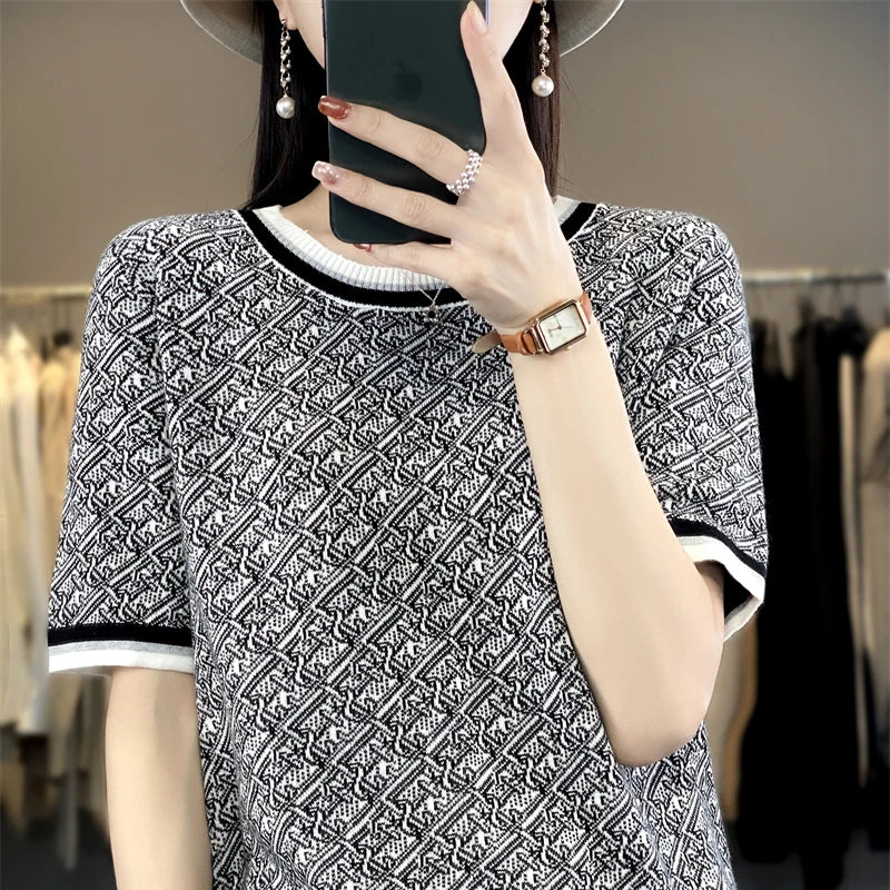 Pure Cotton Hollow Short-Sleeved Ladies Spring And Summer Loose Slim New Joker Knit Bottoming T-Shirt