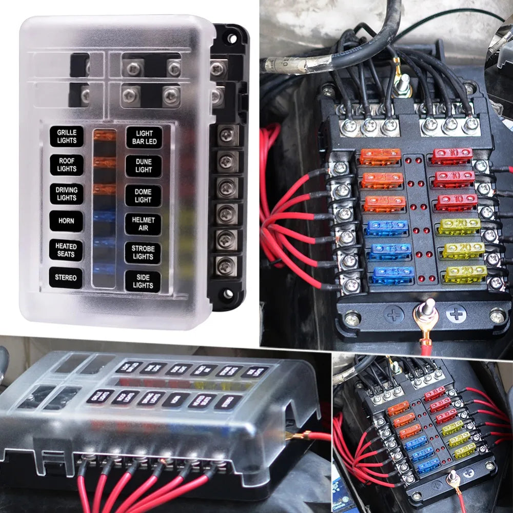 6-12 Way Blade Fuse Block Fuse Box Holder Cover With LED Indicator For a Pillar Switch Panel 12V-24V Board Camper RV Boat