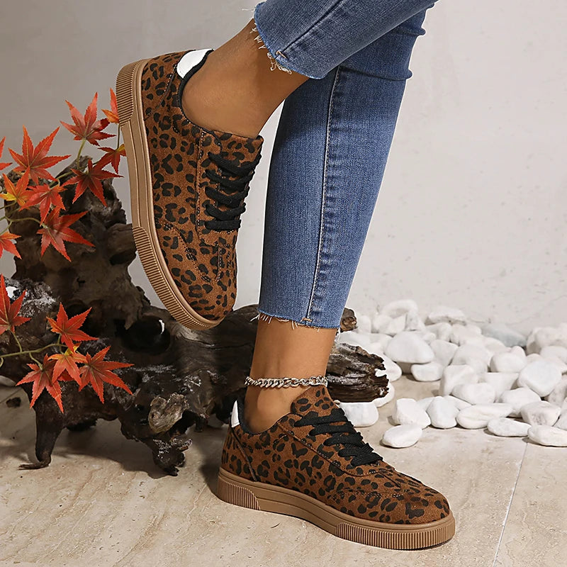 Leopard-Print Platform Sneakers for Women — Lace-Up Non-Slip Sport Shoes, Plus Size