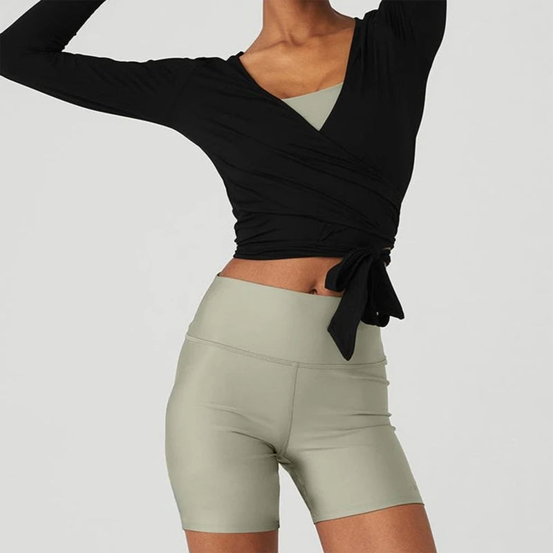 Women Cross Wrap Tie Crop Tops Yoga Shirts Long Sleeve Deep V Neck Solid Color Slim Fit Shirts Ladies Yoga Workout Blouses Tees