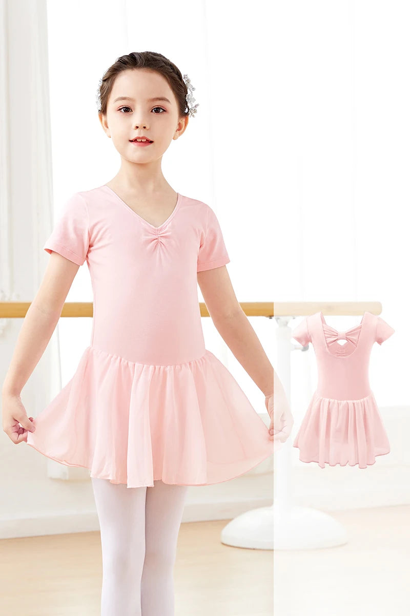 Girl Ballet Leotard with Chiffon Tulle Skirt Kids Bowknot Lyrical Dance Dress Short/Long Sleeve Bodysuit Back Bow Tie Dance Wear