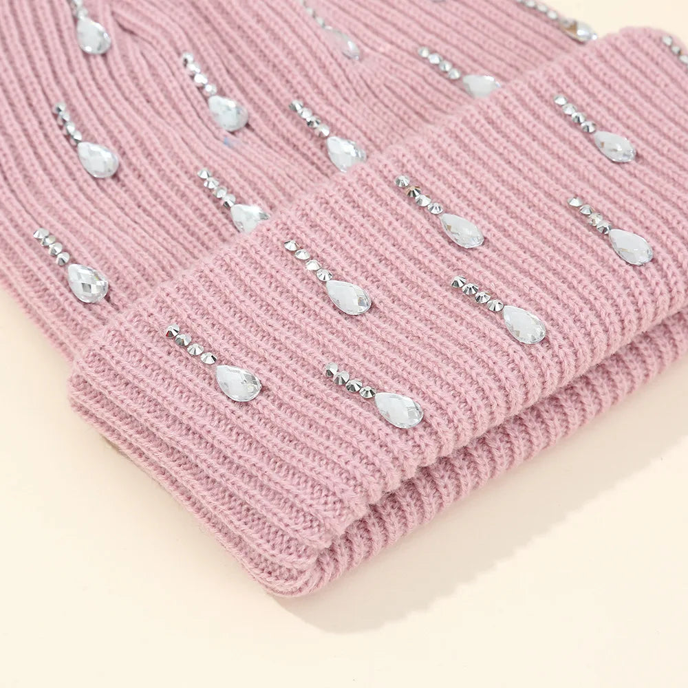 Women's Knit Beanie with Rhinestones and Pearls - Winter Hat - photo 2