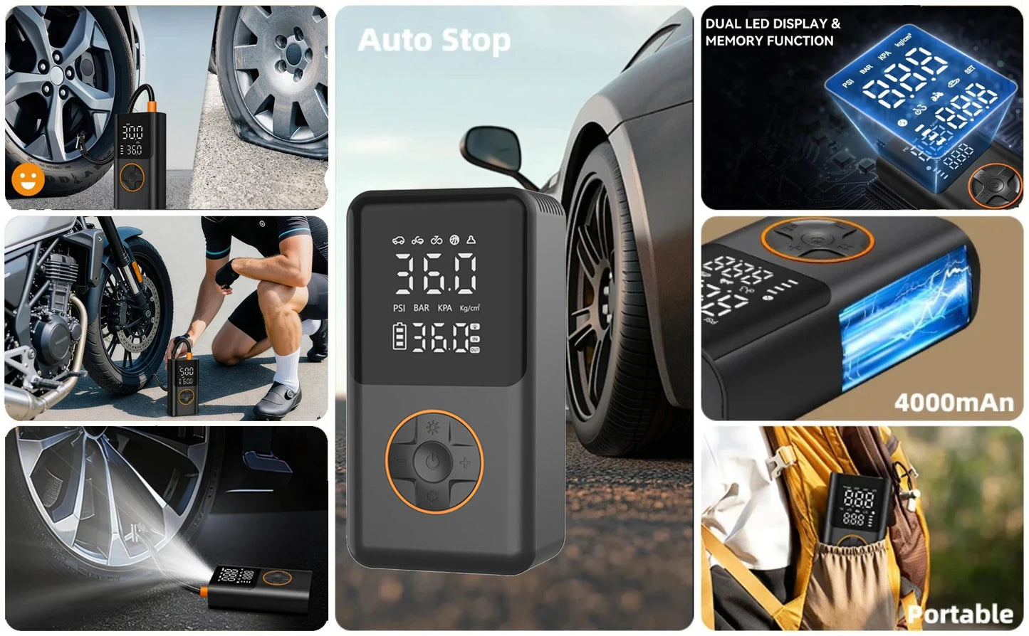 YINGBOOST Mini Bike Tire Pump 150 PSI Tire Inflator Air Compressor Cordless , Air Pump for Car with Pressure Gauge, LED Light