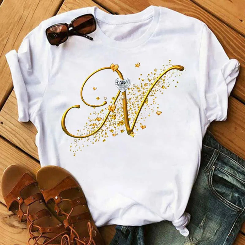 Women's Personalized Letter Graphic Tee — Gold Diamond-Font Monogram Short-Sleeve Top
