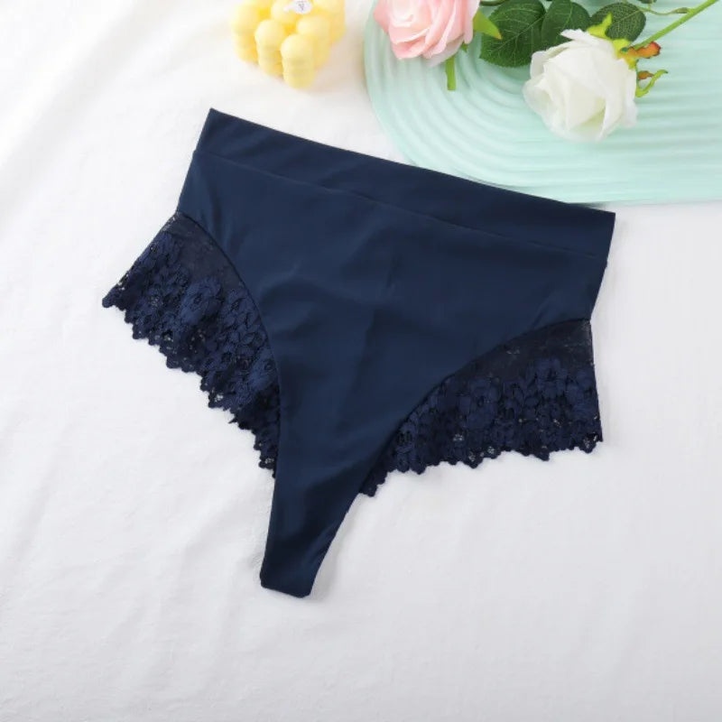 Women's High Waist Panties Sexy Underpants Spliced Lace Lingerie Bowknot Cotton Crotch Thongs Perspective Solid Color Underwear