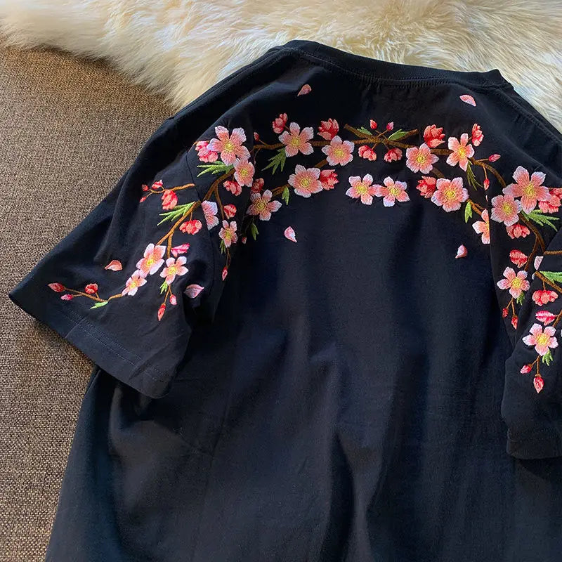 Aesthetic Japan Style Cherry Blossoms Embroidery T Shirts Sexy Women Girls Cotton Summer Tee Tops O-neck Loose Casual Harajuku