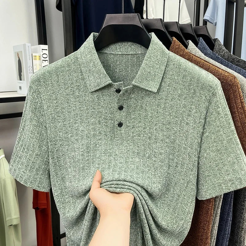 Men's Ribbed Knit Polo Tee - Soft Stretch, Three-Button Lapel