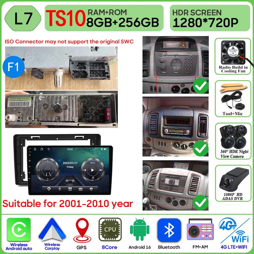 Car Stereo with Apple CarPlay & Android Auto, Compatible with Renault Trafic 2, Opel Vivaro A & Nissan Primastar