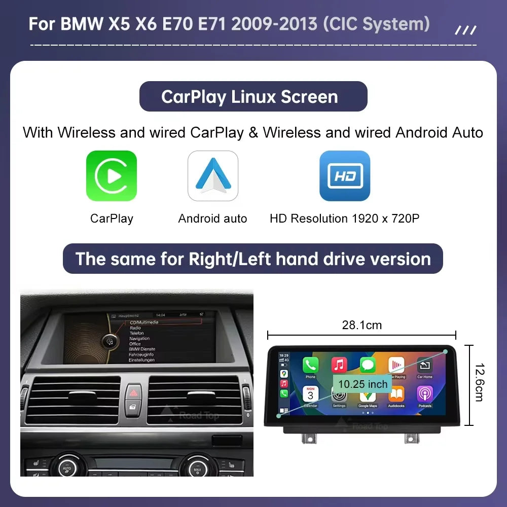 Wireless CarPlay & Android Auto Display Screen, Compatible with BMW X5 E70 & X6 E71 (CCC/CIC)