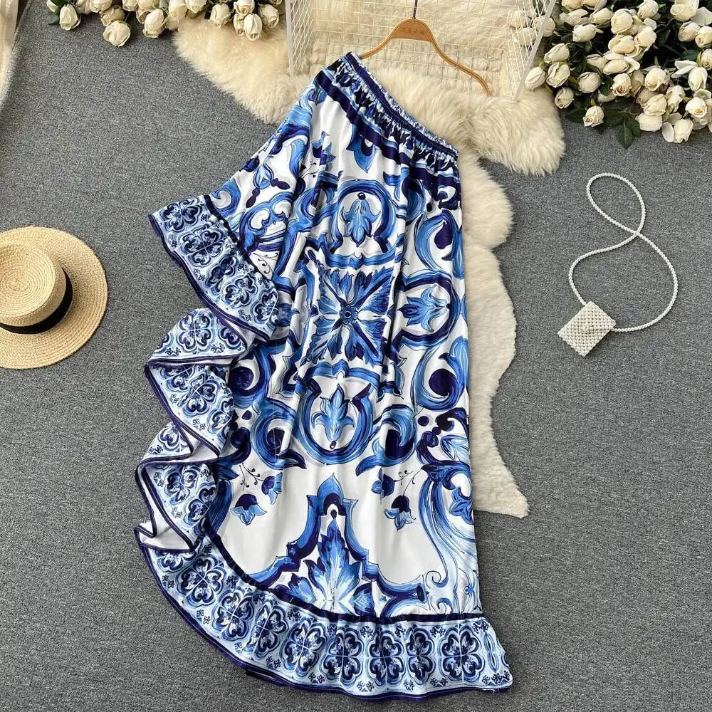 Summer Long Dress Women Runway Blue And White Porcelain Asymmetry Sexy Off The Shoulder Ruffles Hem Loose Robe Maxi Vestidos