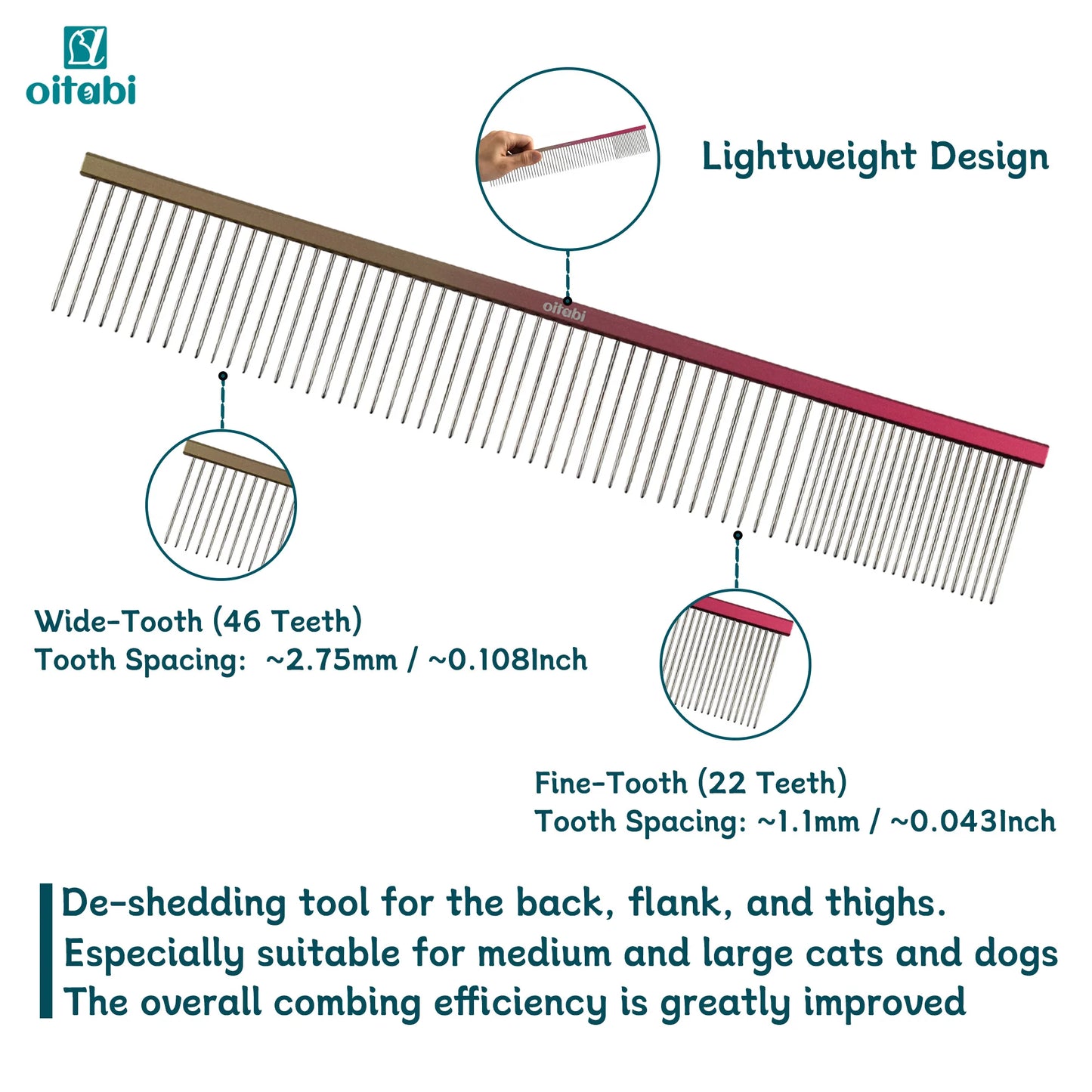 OITABI Professional Pet Grooming Comb, Gradient Pet Deluxe Pointed Tail Comb for Cat & Dog Styling Finishing and Fluffing Comb
