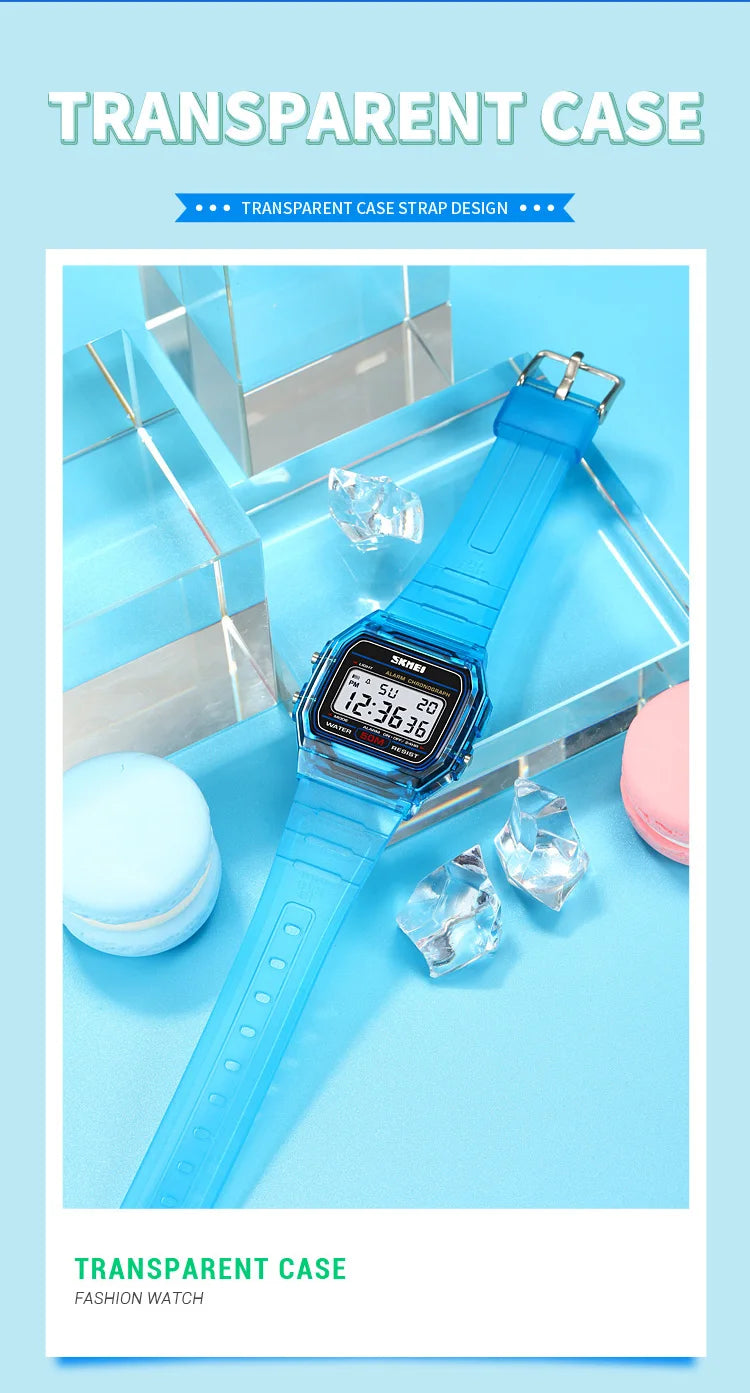 Skmei Women Digital Watches Fashion Transparent Case TPU Strap Led Waterproof Swimming Sports Wristwatch Female Alarm Clock