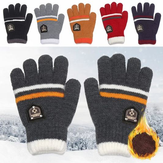 Kids Knitted Full Finger Gloves - Thick Winter Gloves for Ages 6-12