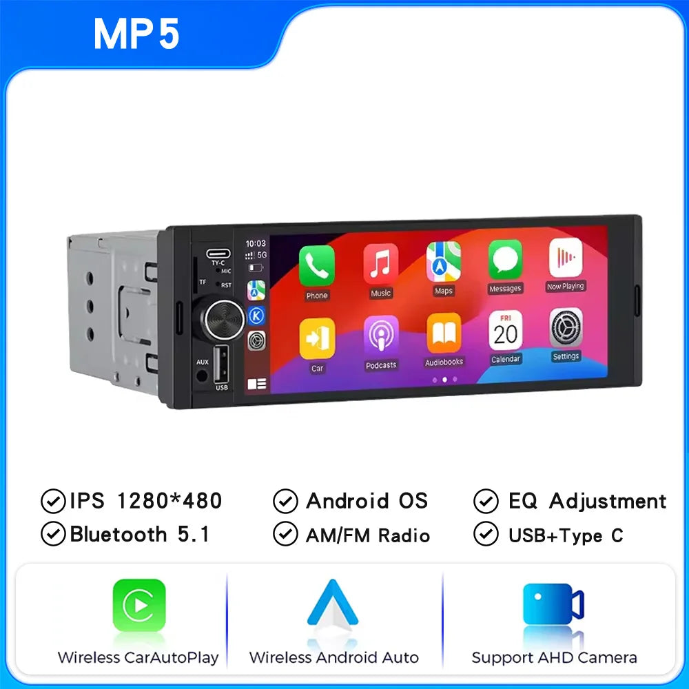 6.86" 1-DIN Car Stereo with Wireless CarPlay & Android Auto — Touchscreen MP5, Bluetooth, FM/AM, USB-C