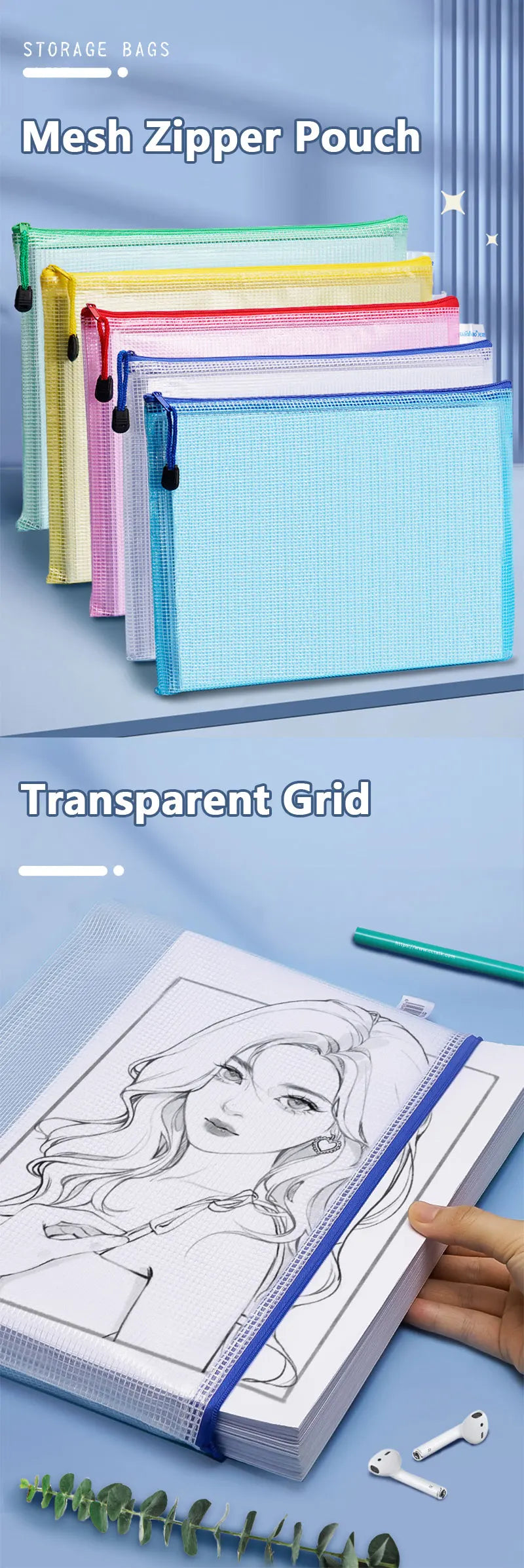 A3/A4/A5/A6 Mesh Zipper Pouch Document Bag Waterproof Zip File Folders School Office Supplies Pencil Case Cosmetic Makeup Bags