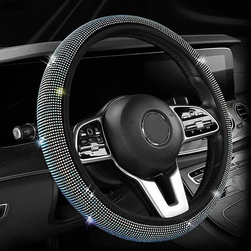 Fashion Crystal Car Steering Wheel Cover 38cm Breathable Anti Slip PU Rhinestone Car Decoration Diamond Car Accessories