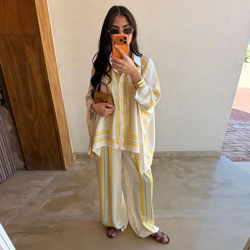 Striped Shirt & Wide-Leg Trousers Set — Women's 2-Piece
