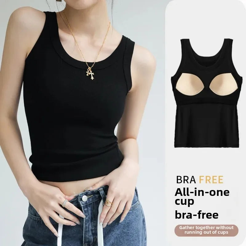 2-in-1 T-Shirt Bra Combo Top- Women's Seamless Built-in Vest,Summer Breathable Sleeveless Shirt & Casual Undershirt Sexy Top Y2k