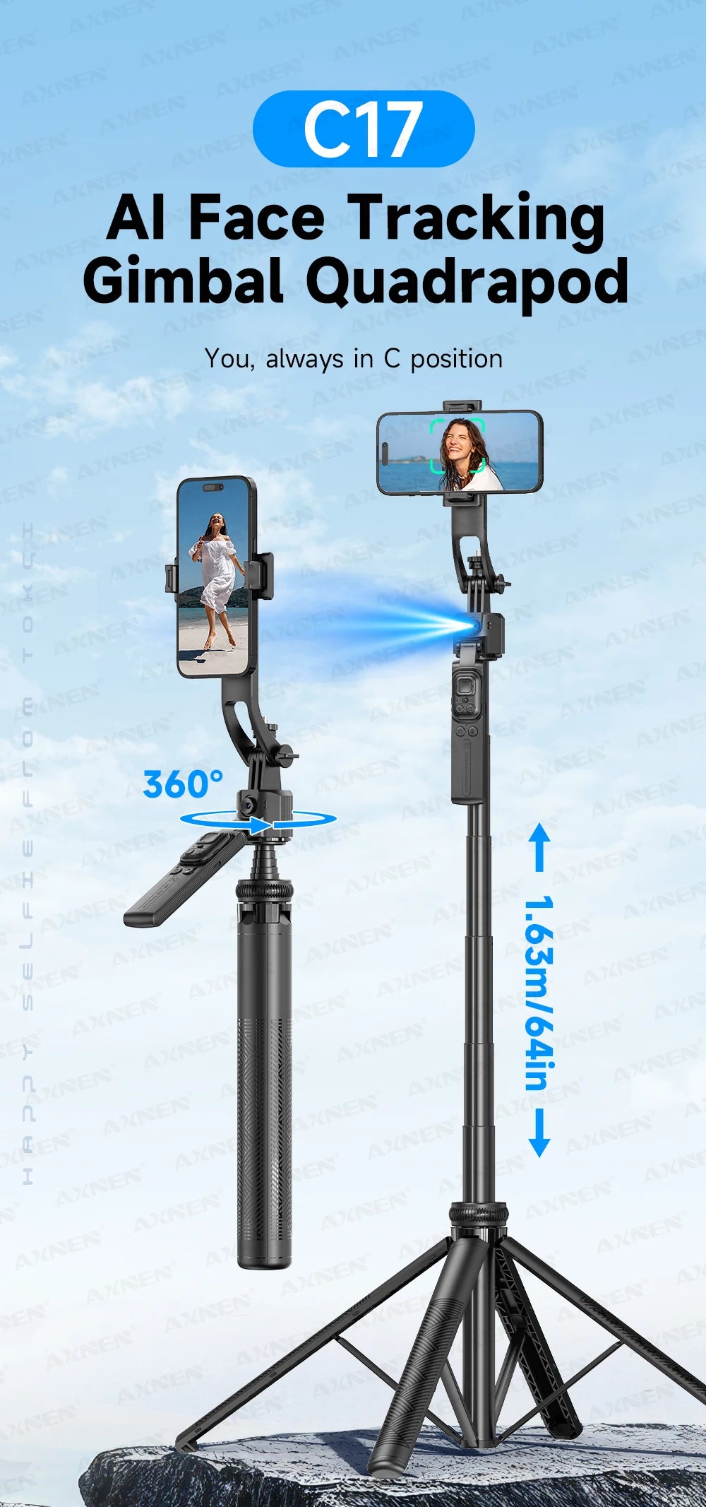 AXNEN C17 64" AI Face Tracking Selfie Stick Tripod – 360° Auto Rotation, Bluetooth Remote & Quadruped Stand