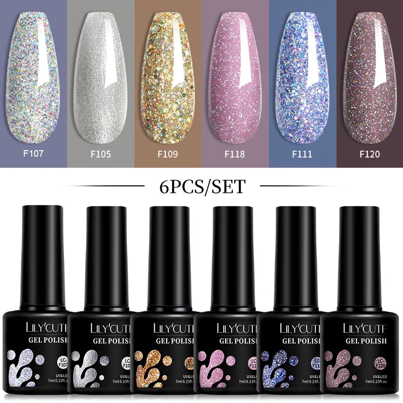 LILYCUTE 6Pcs 7ML Gel DIY Nails Polish Set Bright Pink Nail Charms Soak Off UV LED Gel Varnish Nail Art Design Accessories