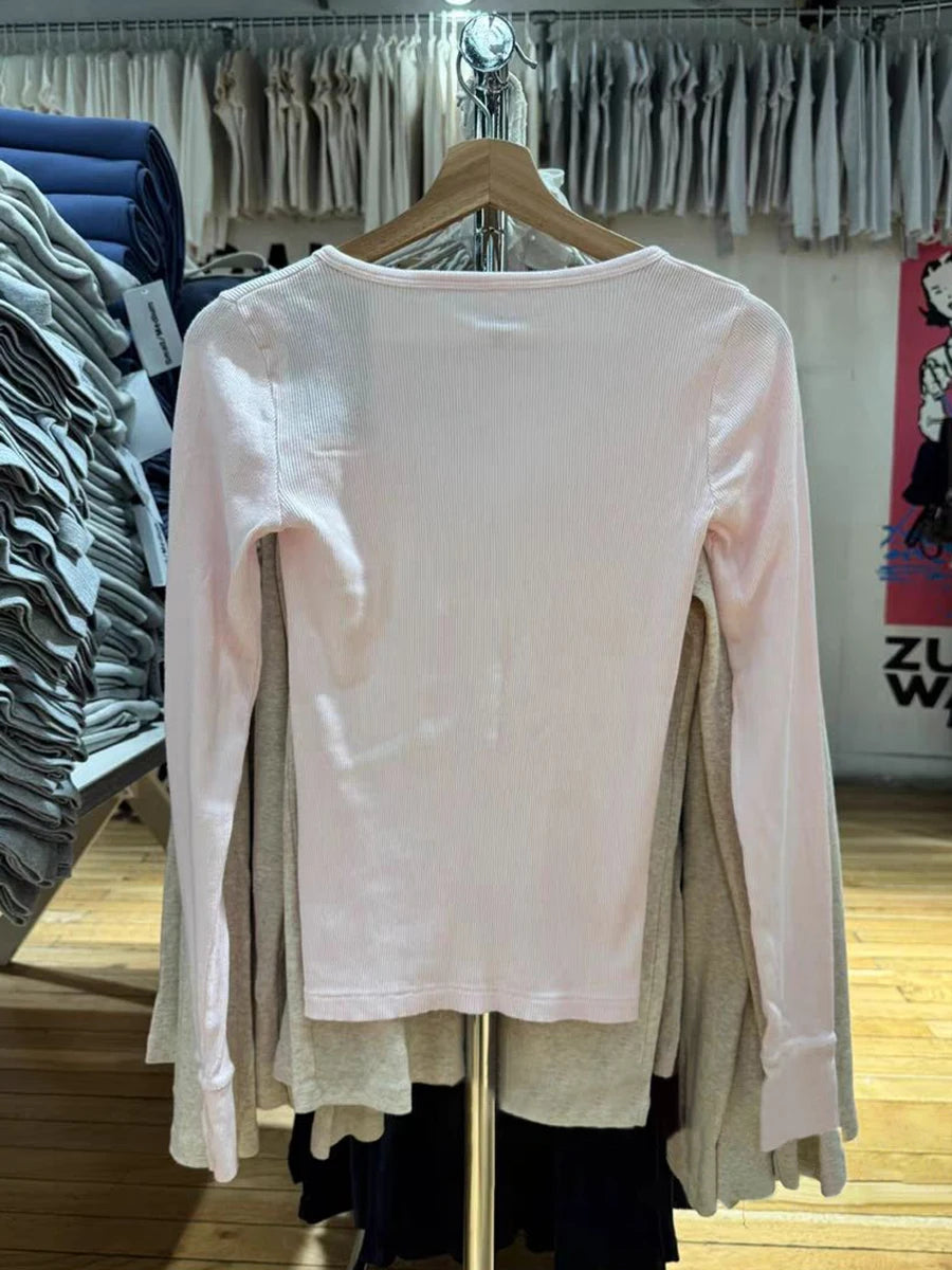 Women's Ribbed Long-Sleeve Top — Six-Button Slim Round-Neck Y2K Tee