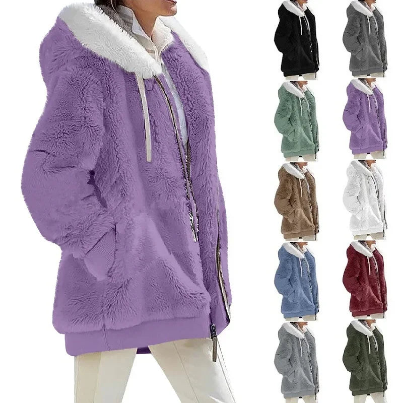 Women's Hooded Fleece Zip Jacket, Casual Winter Coat