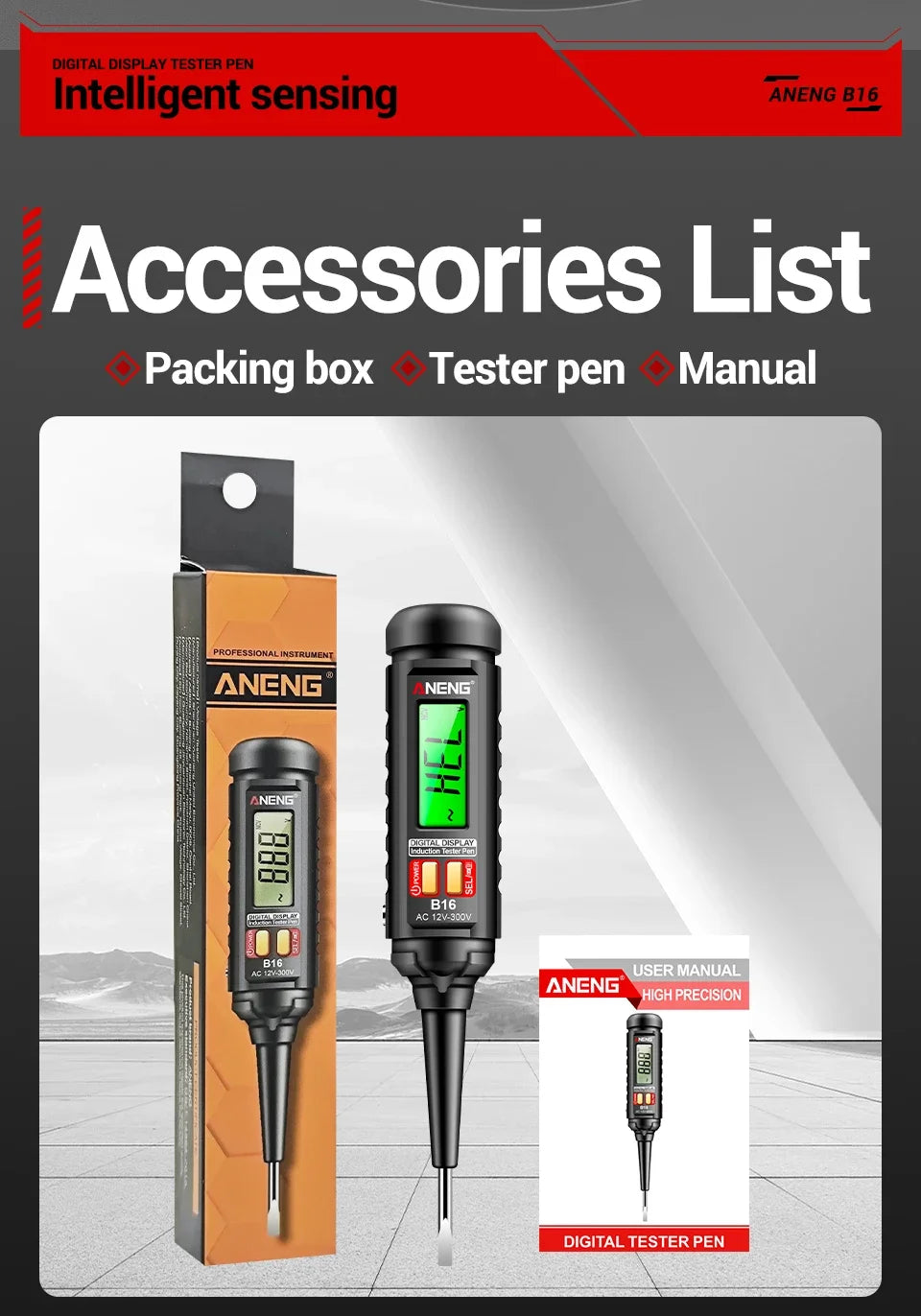 ANENG B16 Lntelligent Sensing Digital Measuring Pen Non-Contact 12V-300V Voltage Detector NCV Voltage Probing Tester Meter Tools