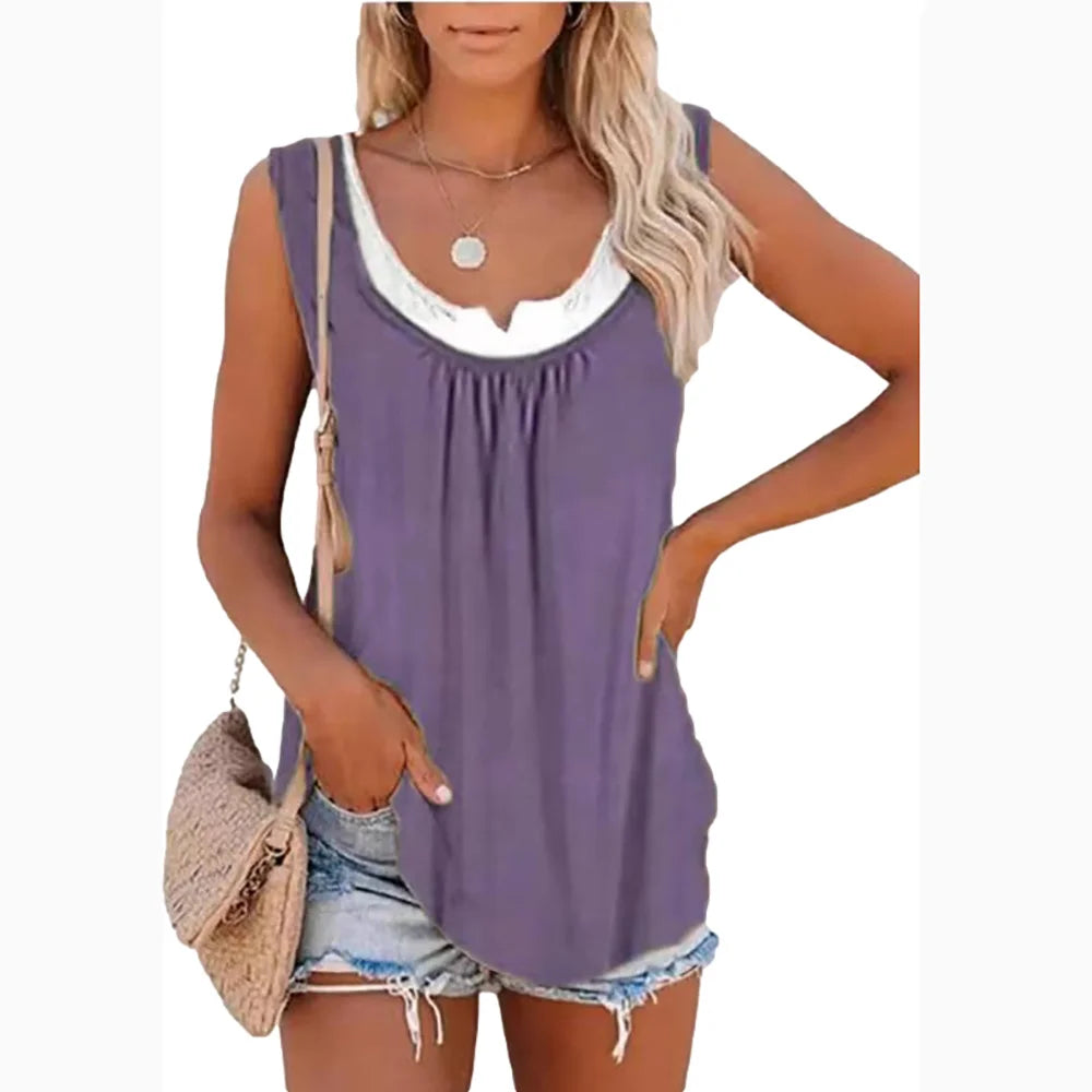2026 Summer New Arrival Women's Two-Piece Look Sleeveless Tank Top Leaf Print Loose Casual Camisole with Pockets