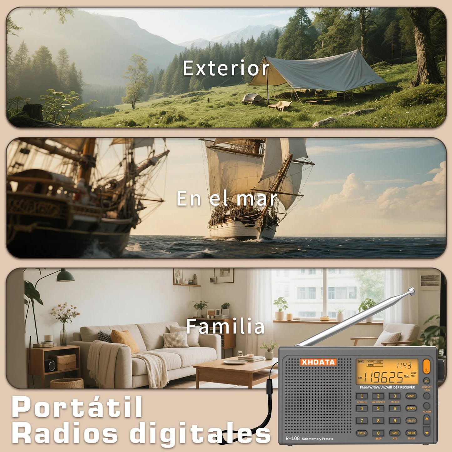XHDATA R108 Digital Portable Radio AM FM Stereo Shortwave LW Air Band Multiband Receiver with Alarm Clock Display Speaker