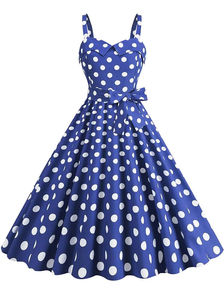 Women's Polka-Dot Puff-Sleeve Midi Sundress — Vintage Square-Collar Dress