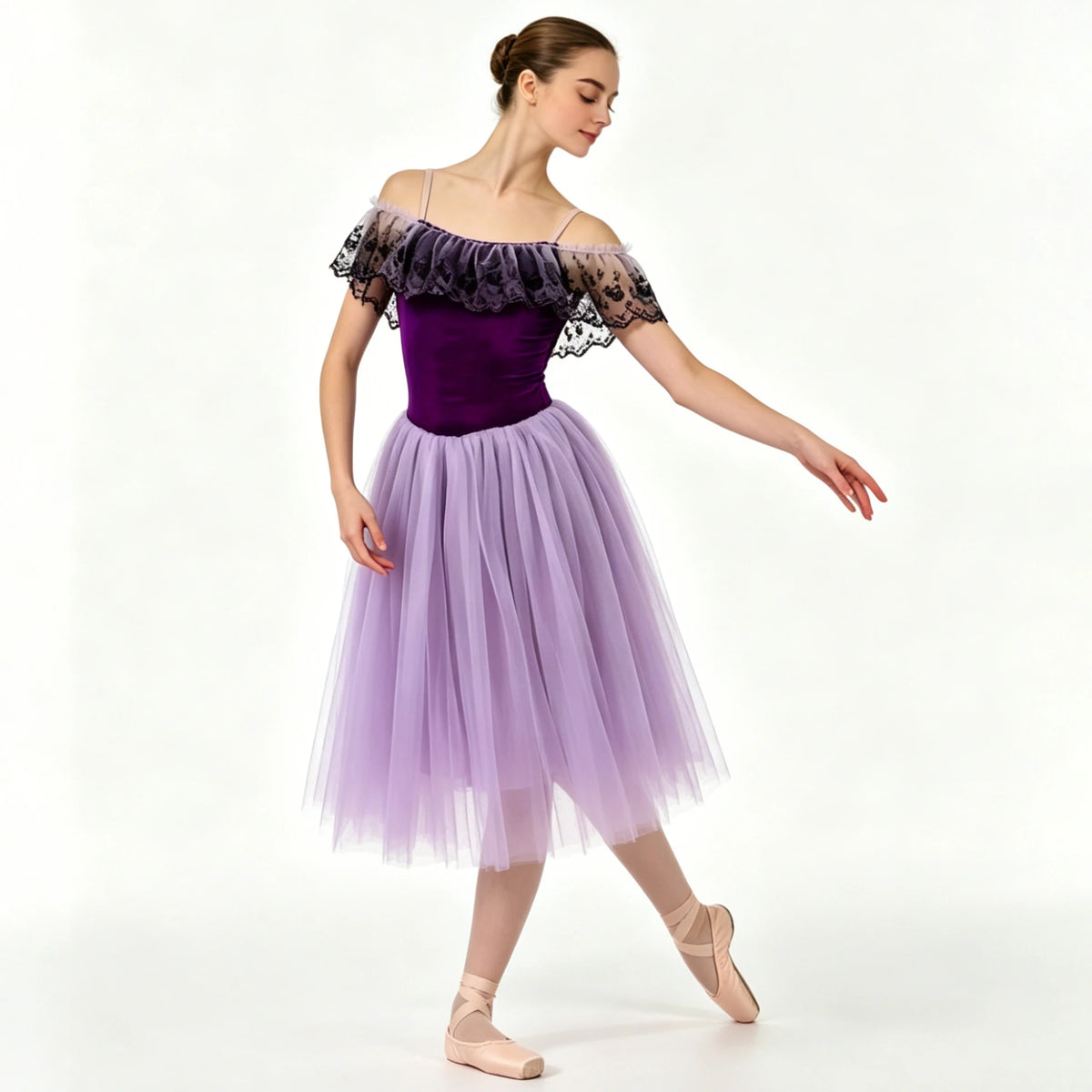 Girls black lace off-shoulder ballet tutu dress