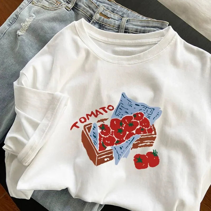 Vintage Tomato Style Sun and Handprint Women's T-Shirt Casual Loose Short Sleeve Top Aesthetic Zodiac Cute Fashion T-Shirt Y2K